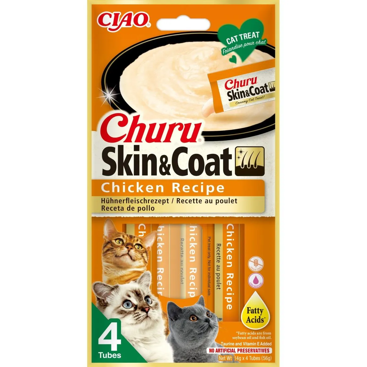 Recompense - Recompense pentru pisici Inaba Ciao Churu Skin & Coat, Pui, 4 x 14g