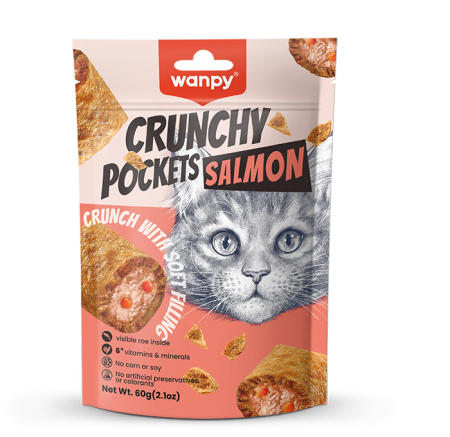 Recompense - Recompense pentru pisici Wanpy Crunchy Pockets cu Somon, 60g