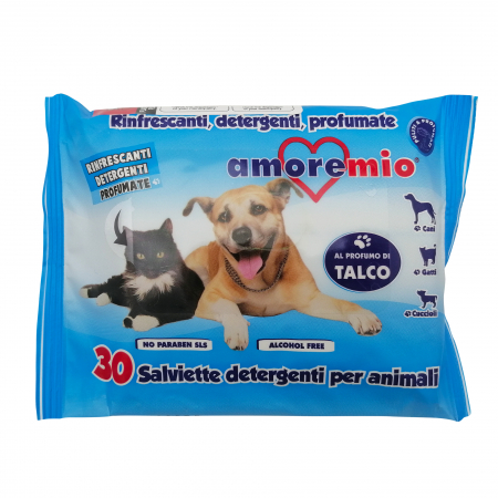 Șampoane și produse cosmetice - Servetele umede pentru caini si pisici Amore Mio, cu talc, 30 bucati