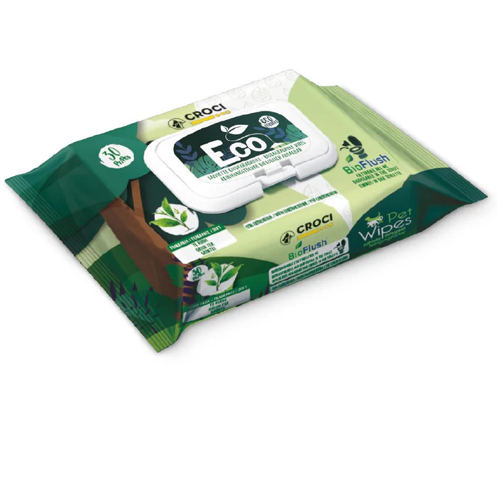 Șampoane și produse cosmetice - Servetele umede pentru caini si pisici Croci, biodegradabile, cu clorhexidina si ceai verde, 30 bucati