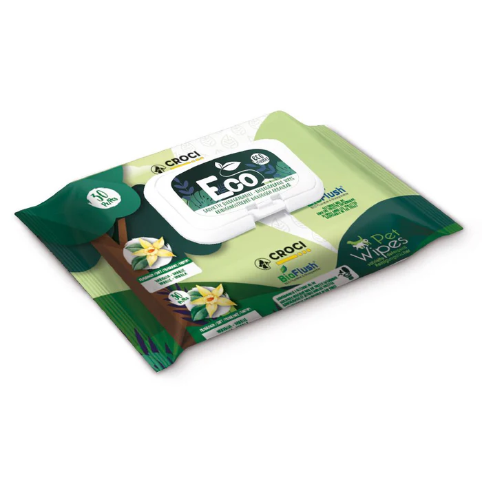 Șampoane și produse cosmetice - Servetele umede pentru caini si pisici Croci, biodegradabile, cu talc si flori albe, 30 bucati