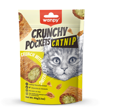 Pisici - Recompense pentru pisici Wanpy Crunchy Pockets Catnip, cu Pui, 60g
