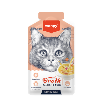 Hrană umedă - Supa pentru pisici Wanpy Tasty Meat, cu Somon, pui si morcov, 50g