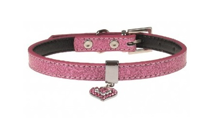 Zgărzi - Zgarda pentru caini Pet Expert Glossy Heart, marime S, 1.5 x 27.5 - 35 cm, piele, roz