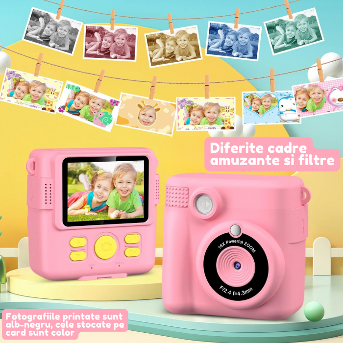 Aparat foto/video copii cu imprimare instant, Card TF 32 GB, Roz [5]