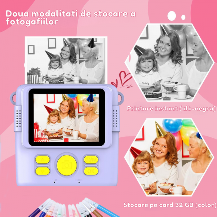 Aparat foto/video copii cu imprimare instant, Ecran 2.4 inch IPS, Video 1080P, Camera cu zoom 16x, Baterie 1000 mAh, Card TF 32 GB, Incarcare USB, 6 Carioci incluse, Mov [3]