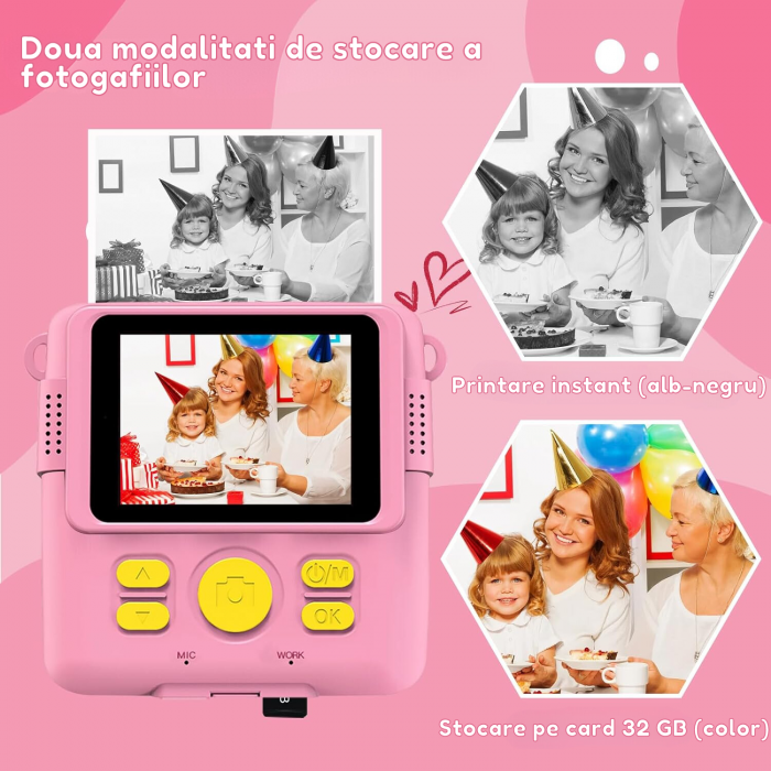 Aparat foto/video copii cu imprimare instant, Card TF 32 GB, Roz [3]