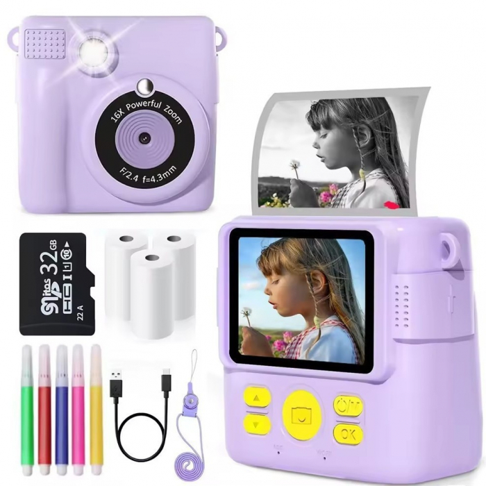 Aparat foto/video copii cu imprimare instant, Ecran 2.4 inch IPS, Video 1080P, Camera cu zoom 16x, Baterie 1000 mAh, Card TF 32 GB, Incarcare USB, 6 Carioci incluse, Mov [1]