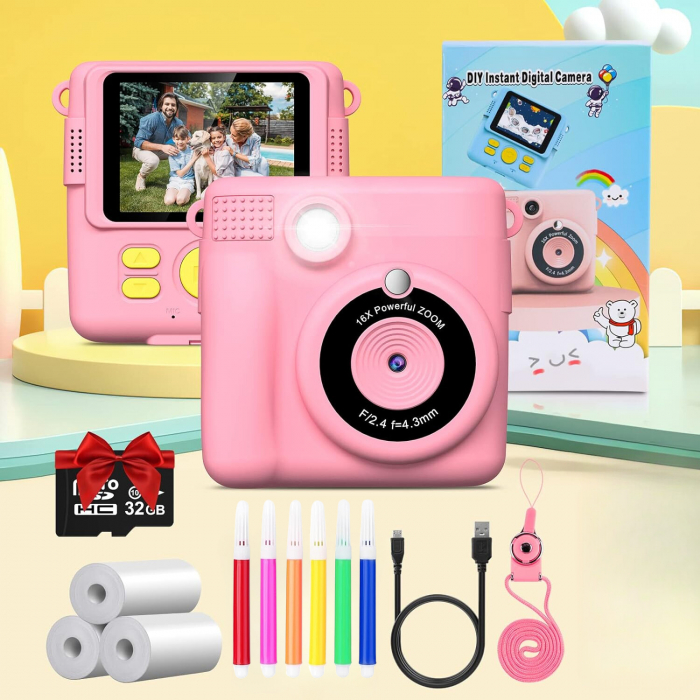 Aparat foto/video copii cu imprimare instant, Card TF 32 GB, Roz [9]