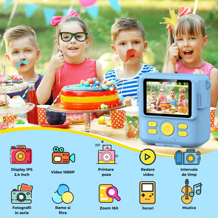 Aparat foto/video copii cu imprimare instant, Card TF 32 GB, Albastru [2]