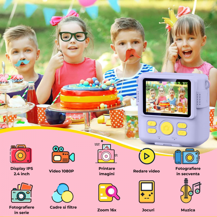 Aparat foto/video copii cu imprimare instant, Ecran 2.4 inch IPS, Video 1080P, Camera cu zoom 16x, Baterie 1000 mAh, Card TF 32 GB, Incarcare USB, 6 Carioci incluse, Mov [2]