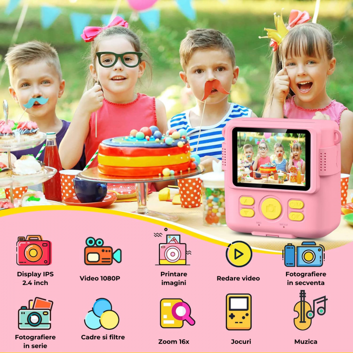 Aparat foto/video copii cu imprimare instant, Card TF 32 GB, Roz [2]