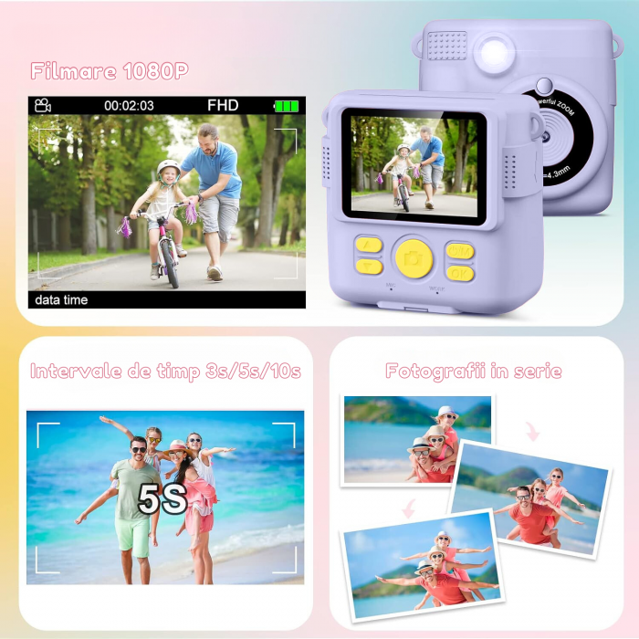 Aparat foto/video copii cu imprimare instant, Ecran 2.4 inch IPS, Video 1080P, Camera cu zoom 16x, Baterie 1000 mAh, Card TF 32 GB, Incarcare USB, 6 Carioci incluse, Mov [6]