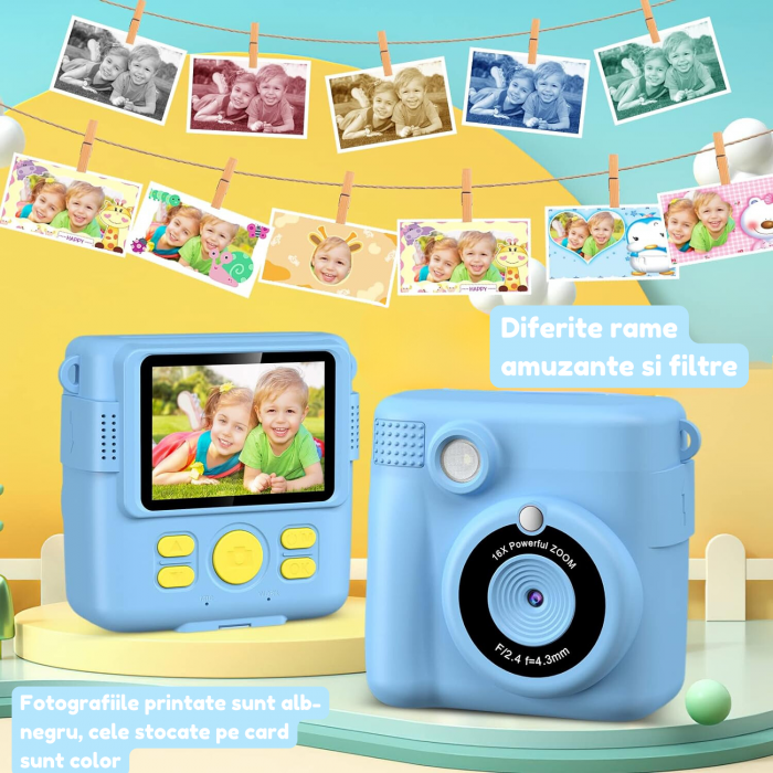 Aparat foto/video copii cu imprimare instant, Card TF 32 GB, Albastru [5]