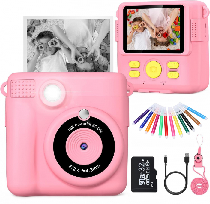 Aparat foto/video copii cu imprimare instant, Card TF 32 GB, Roz [1]