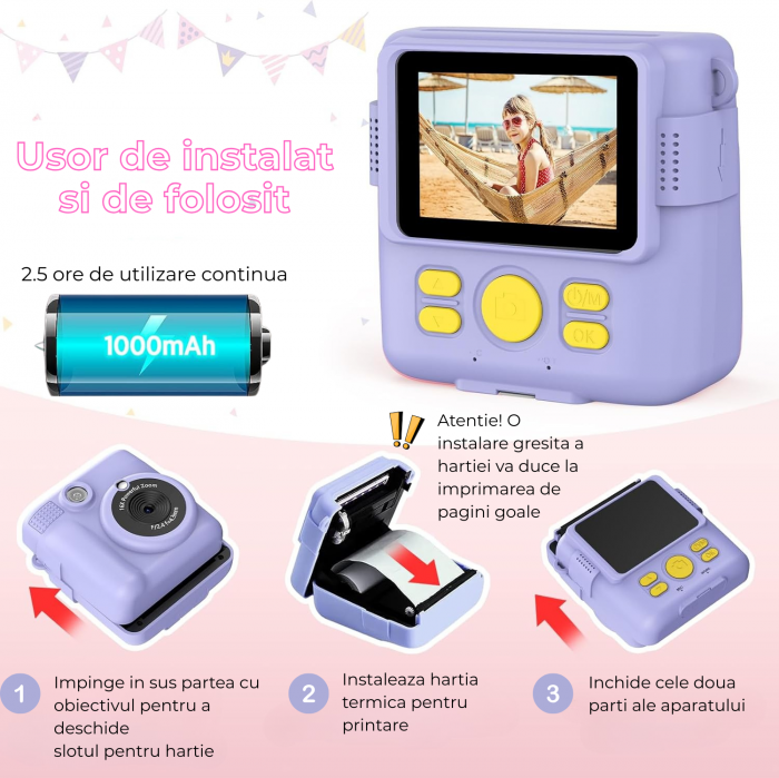 Aparat foto/video copii cu imprimare instant, Ecran 2.4 inch IPS, Video 1080P, Camera cu zoom 16x, Baterie 1000 mAh, Card TF 32 GB, Incarcare USB, 6 Carioci incluse, Mov [7]
