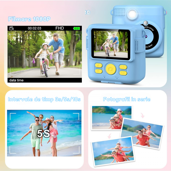 RESIGILAT - Aparat foto/video copii cu imprimare instant, Card TF 32 GB, Albastru - Copie [7]