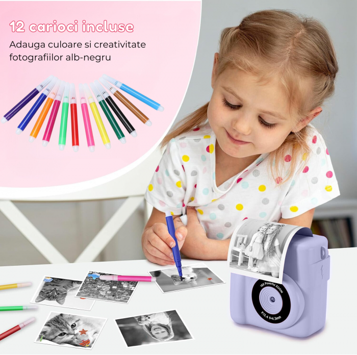 Aparat foto/video copii cu imprimare instant, Ecran 2.4 inch IPS, Video 1080P, Camera cu zoom 16x, Baterie 1000 mAh, Card TF 32 GB, Incarcare USB, 6 Carioci incluse, Mov [5]