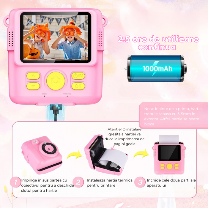 Aparat foto/video copii cu imprimare instant, Card TF 32 GB, Roz [8]