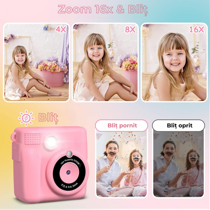 Aparat foto/video copii cu imprimare instant, Card TF 32 GB, Roz [4]