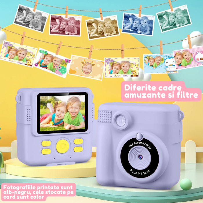 Aparat foto/video copii cu imprimare instant, Ecran 2.4 inch IPS, Video 1080P, Camera cu zoom 16x, Baterie 1000 mAh, Card TF 32 GB, Incarcare USB, 6 Carioci incluse, Mov [4]