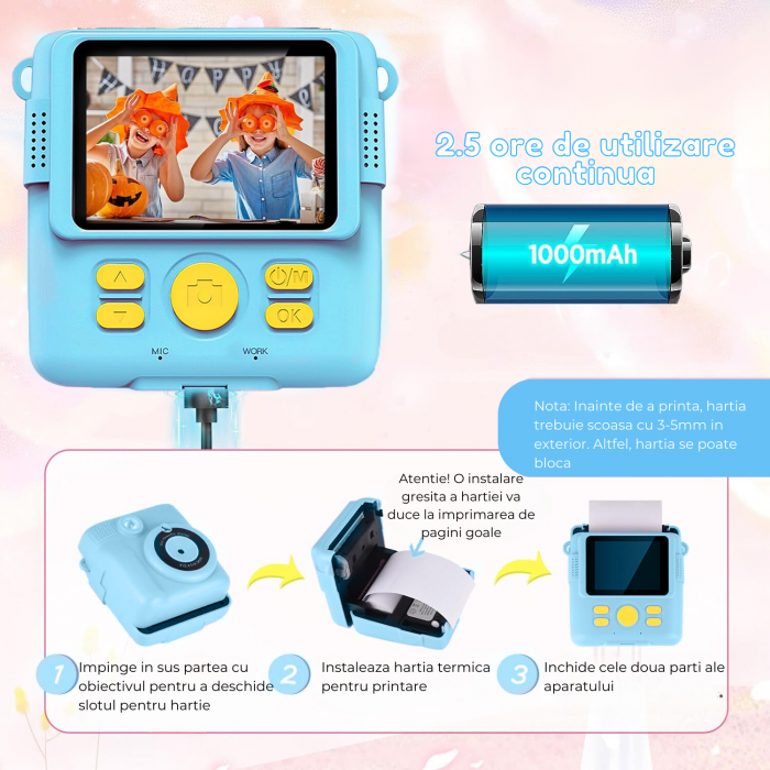 Aparat foto/video copii cu imprimare instant, Card TF 32 GB, Albastru [8]
