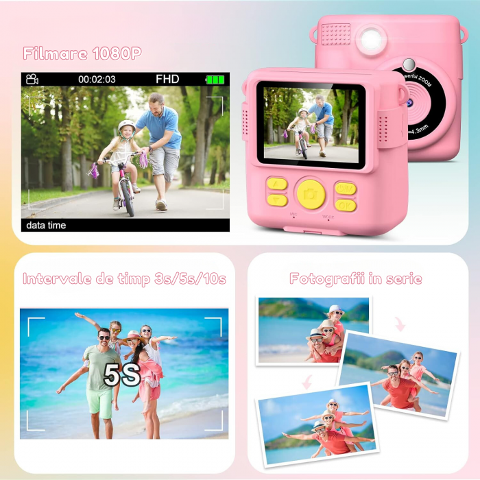 Aparat foto/video copii cu imprimare instant, Card TF 32 GB, Roz [7]