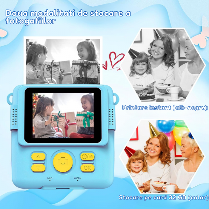 Aparat foto/video copii cu imprimare instant, Card TF 32 GB, Albastru [4]