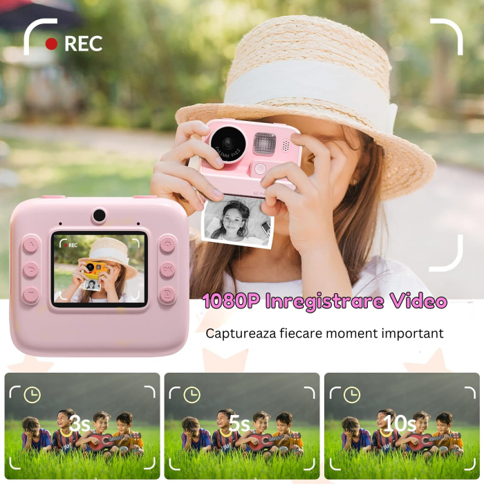 Aparat Foto/Video pentru Copii cu Imprimare Instant, Camera Selfie, Card TF de 32 GB, Roz [4]