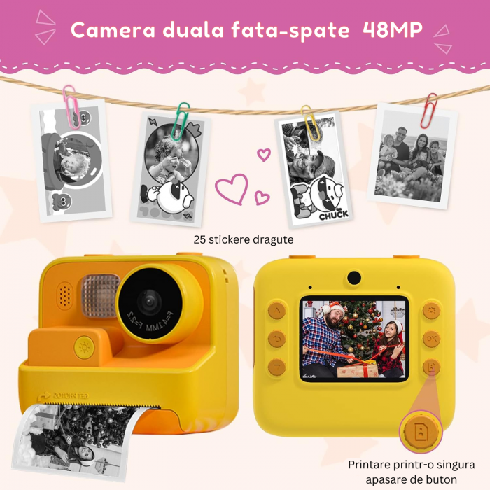 RESIGILAT - Aparat Foto/Video pentru Copii cu Imprimare Instant, Camera Selfie, Card TF de 32 GB, Galben - Copie [3]