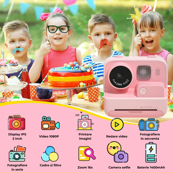 Aparat Foto/Video pentru Copii cu Imprimare Instant, Camera Selfie, Card TF de 32 GB, Roz [2]