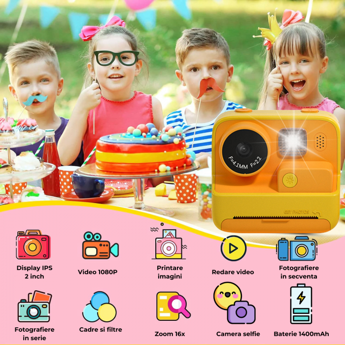 Aparat Foto/Video pentru Copii cu Imprimare Instant, Camera Selfie, Card TF de 32 GB, Galben [2]