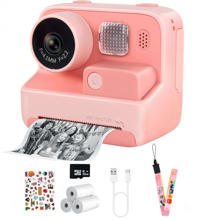Aparat Foto/Video pentru Copii cu Imprimare Instant, Camera Selfie, Card TF de 32 GB, Roz [1]