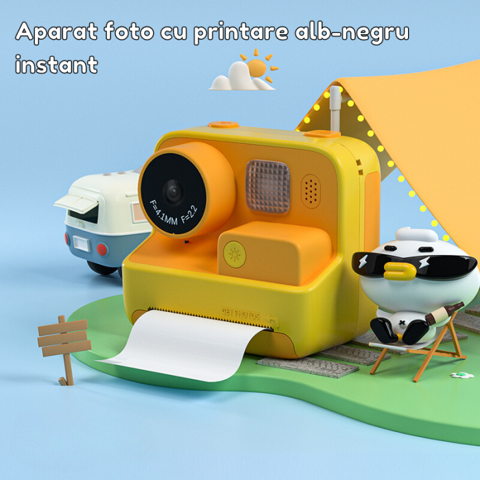 Aparat Foto/Video pentru Copii cu Imprimare Instant, Camera Selfie, Card TF de 32 GB, Galben [6]