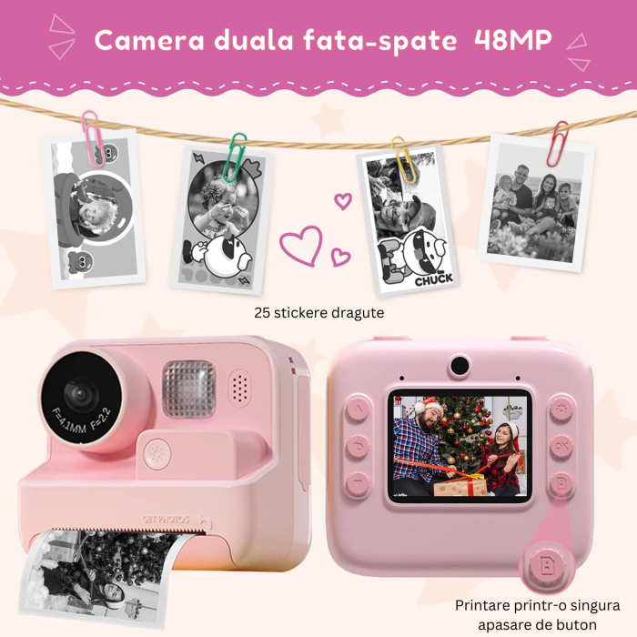 Aparat Foto/Video pentru Copii cu Imprimare Instant, Camera Selfie, Card TF de 32 GB, Roz [3]