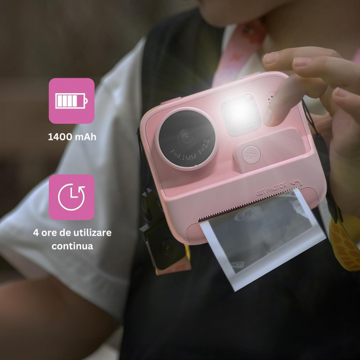Aparat Foto/Video pentru Copii cu Imprimare Instant, Camera Selfie, Card TF de 32 GB, Roz [5]