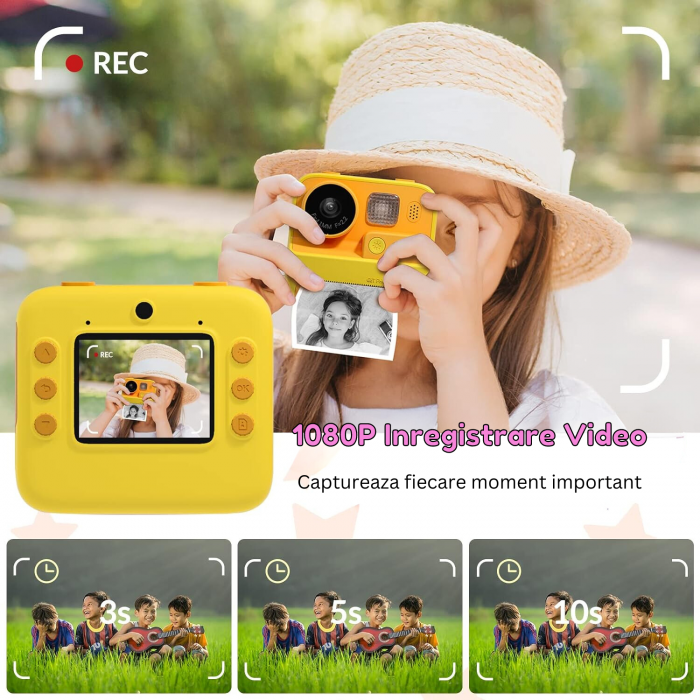 Aparat Foto/Video pentru Copii cu Imprimare Instant, Camera Selfie, Card TF de 32 GB, Galben [4]