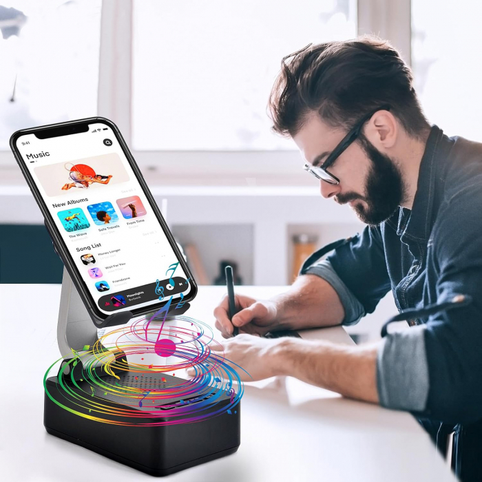 Boxa cu suport telefon/tableta reglabil si pliabil, Bluetooth v5.3,1500 mAh, Compatibila Android si IOS, Sunet HD, Negru [5]