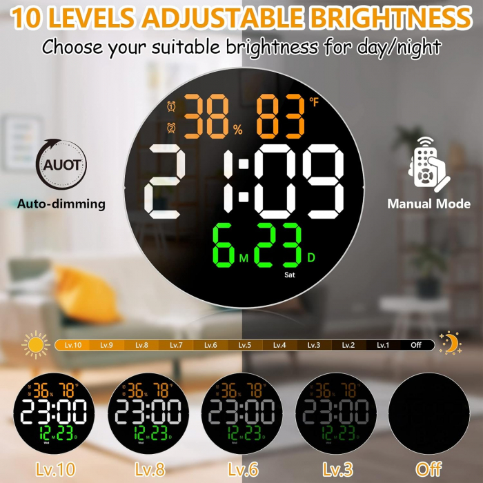 Ceas Digital de Perete cu LED, Luminozitate Ajustabila, Telecomanda, Timer, Ora, Data, Calendar, Alarma, Temperatura, Umiditate, Stil Minimalist Modern, Rotund [2]