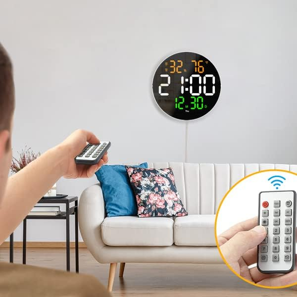 Ceas Digital de Perete cu LED, Luminozitate Ajustabila, Telecomanda, Timer, Ora, Data, Calendar, Alarma, Temperatura, Umiditate, Stil Minimalist Modern, Rotund [6]