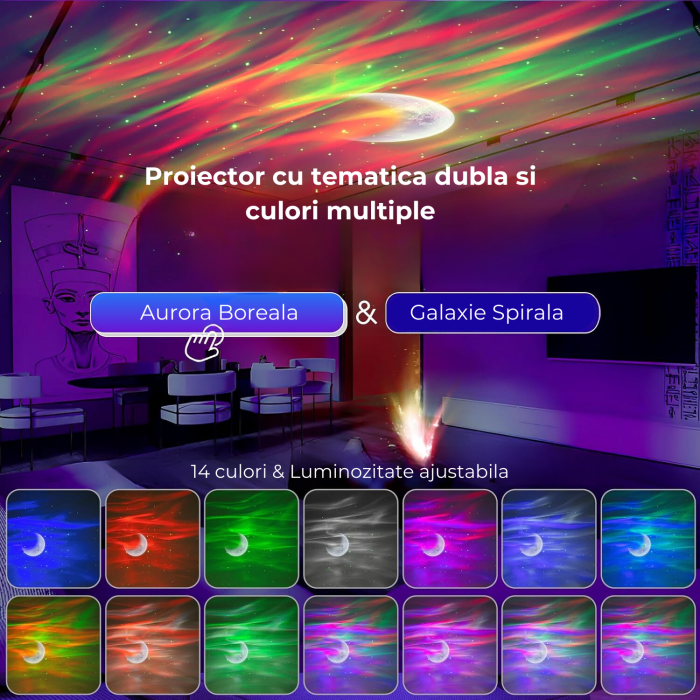 Lampa de Veghe cu Proiector de Stele, Luna, Aurora Boreala si Galaxie, Lumina Ajustabila, Timer, Telecomanda, Sunete Albe, 14 Culori, 5 Melodii, Reincarcabila [7]