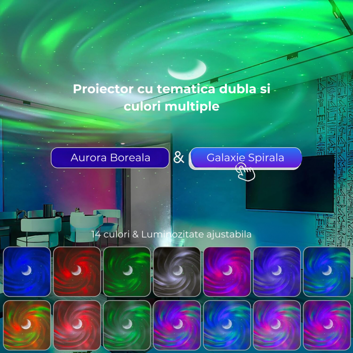 Lampa de Veghe cu Proiector de Stele, Luna, Aurora Boreala si Galaxie, Lumina Ajustabila, Timer, Telecomanda, Sunete Albe, 14 Culori, 5 Melodii, Reincarcabila [8]