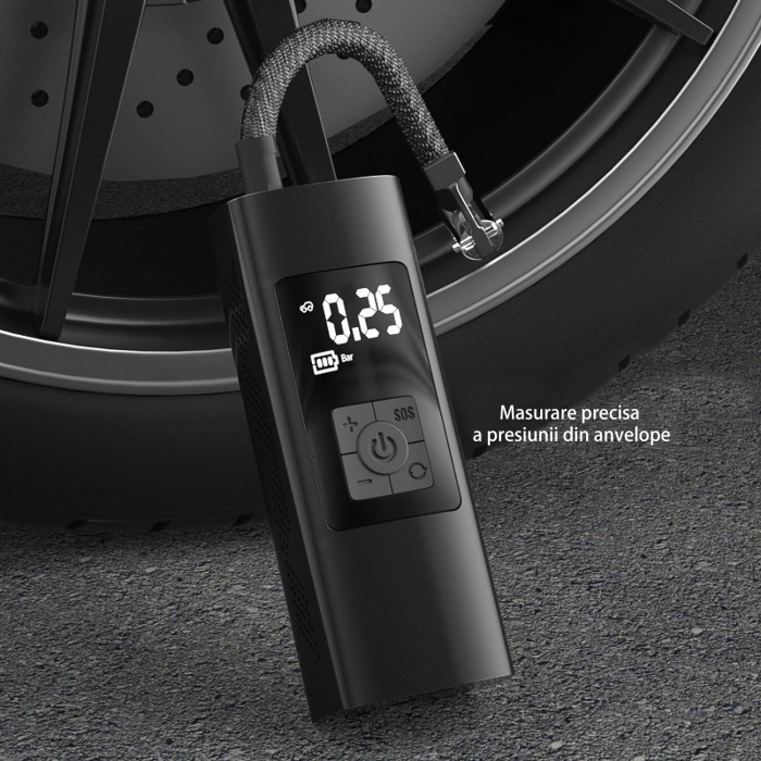 Pompa de aer electrica smart cu display, wireless, multifunctionala, reincarcabila, umflare rapida, oprire automata, ideala pentru biciclete, scutere, obiecte gonflabile, 3x2000 mAh, functie power-ban [3]