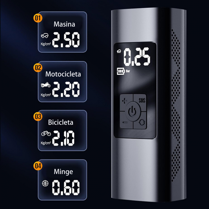 Pompa de aer electrica smart cu display, wireless, multifunctionala, reincarcabila, umflare rapida, oprire automata, ideala pentru biciclete, scutere, obiecte gonflabile, 3x2000 mAh, functie power-ban [4]