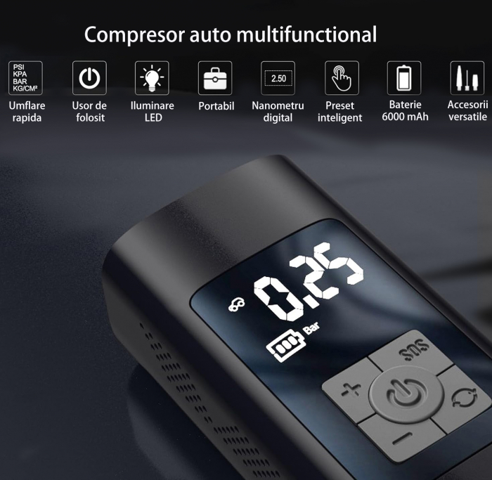 Pompa de aer electrica smart cu display, wireless, multifunctionala, reincarcabila, umflare rapida, oprire automata, ideala pentru biciclete, scutere, obiecte gonflabile, 3x2000 mAh, functie power-ban [2]