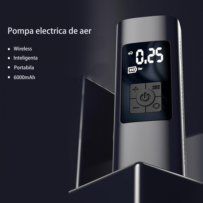Pompa de aer electrica smart cu display, wireless, multifunctionala, reincarcabila, umflare rapida, oprire automata, ideala pentru biciclete, scutere, obiecte gonflabile, 3x2000 mAh, functie power-ban [5]