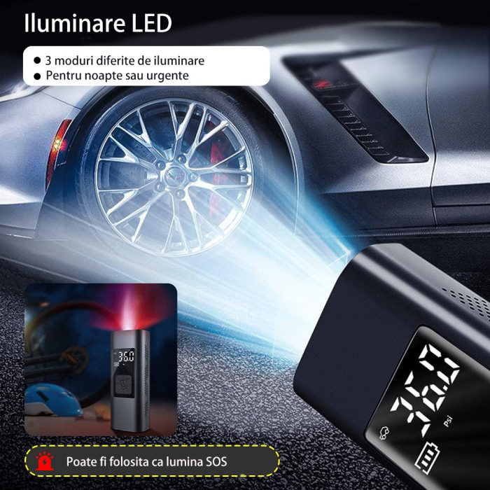 Pompa de aer electrica smart cu display, wireless, multifunctionala, reincarcabila, umflare rapida, oprire automata, ideala pentru biciclete, scutere, obiecte gonflabile, 3x2000 mAh, functie power-ban [6]