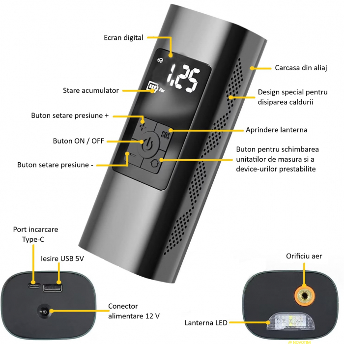 Pompa de aer electrica smart cu display, wireless, multifunctionala, reincarcabila, umflare rapida, oprire automata, ideala pentru biciclete, scutere, obiecte gonflabile, 3x2000 mAh, functie power-ban [7]