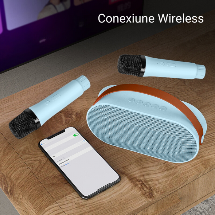 Set 2 Microfoane Karaoke Copii si Adulti cu Boxa Portabila, Wireless, Lumini LED, 4 Efecte Voce, Player MP3, MicroSD Card, Bluetooth 5.3, Baterie 3000mAh, Albastru [4]