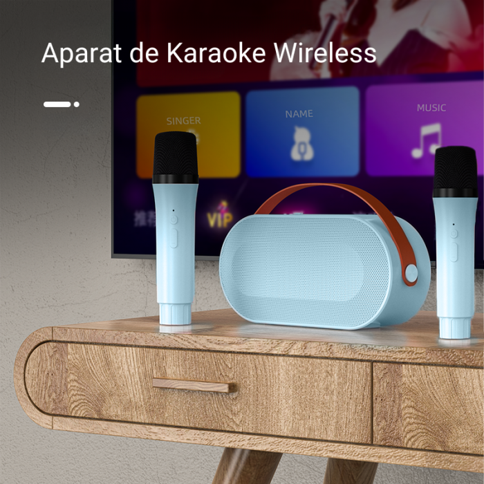 Set 2 Microfoane Karaoke Copii si Adulti cu Boxa Portabila, Wireless, Lumini LED, 4 Efecte Voce, Player MP3, MicroSD Card, Bluetooth 5.3, Baterie 3000mAh, Albastru [2]